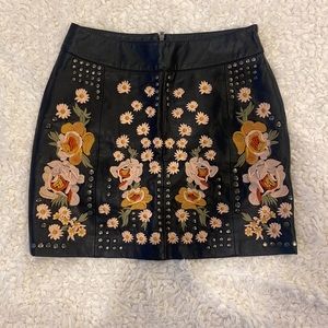 Leather Embroidered Mini Skirt